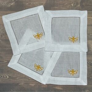 New set of 4 embroidered queen bee linen cocktail napkins